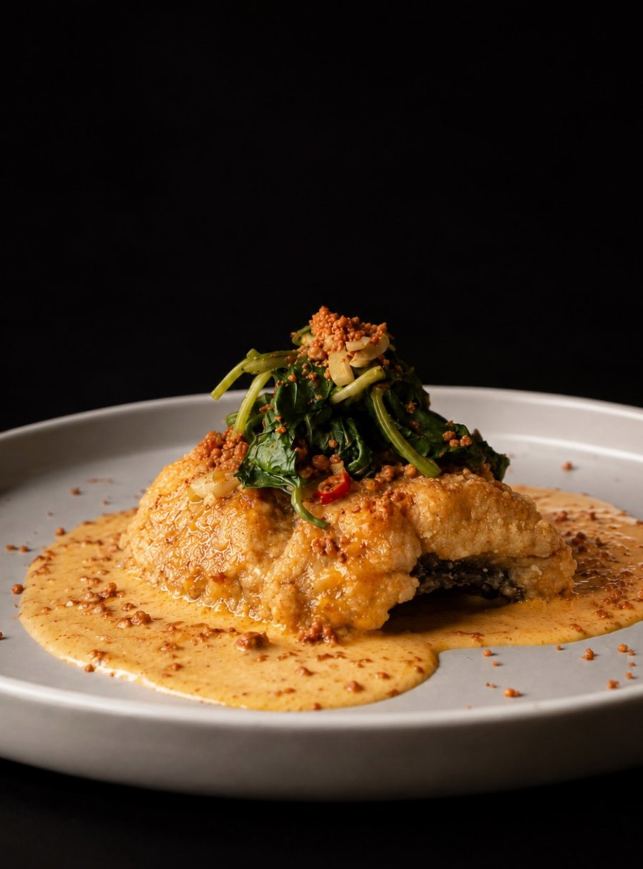 A plated Filipino dish against a dark background