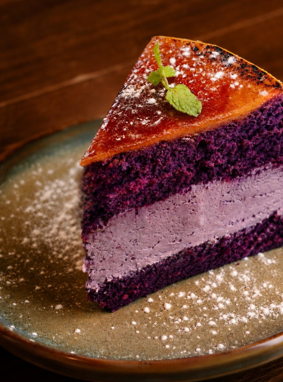 A slice of purple ube cake with caramelized top